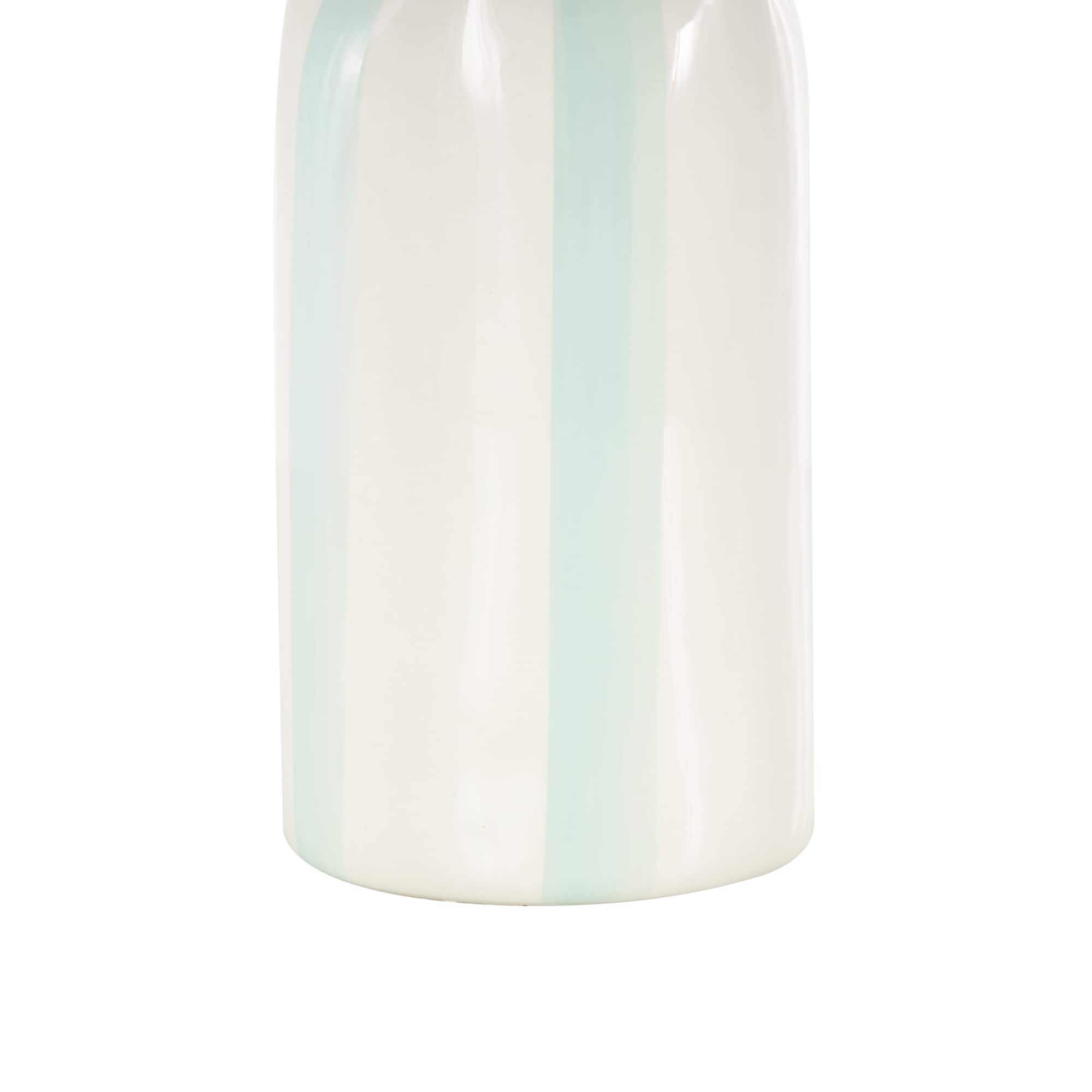 12" White & Teal Stripes Round Wide Ceramic Vase